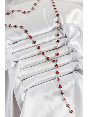 Pirinç Gümüş Renk Kırmızı Zirkon Taşlı Kalpli Y Kadın Kolye