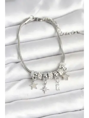 Pirinç Gümüş Renk Kutup Yıldızı Charmlı Kadın Bileklik