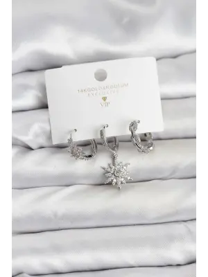 Pirinç Gümüş Renk Kutup Yıldızı Model 3lü Kadın Küpe Seti