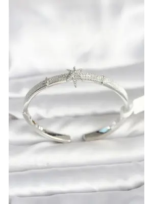 Pirinç Gümüş Renk Kutup Yıldızı Model Kadın Kelepçe Bileklik