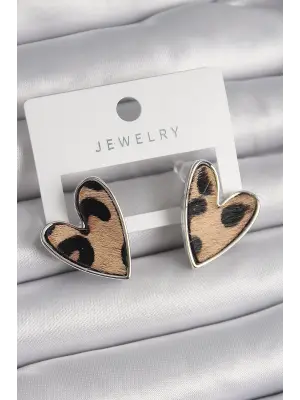  Gümüş Leopar Desenli Kalp Model Çelik Küpe