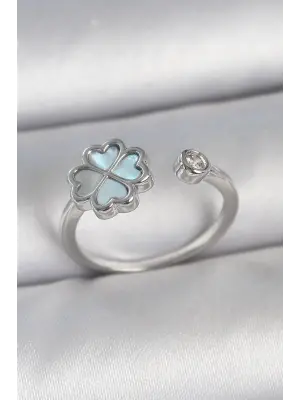 Pirinç Gümüş Renk Mavi Mineli Yonca Model Zirkon Taş Detay Ayarlanabilir Kadın Yüzük