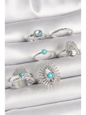 Pirinç Gümüş Renk Mavi Taşlı Kare Zirkon Taş Detaylı Kadın Yüzük Kombini