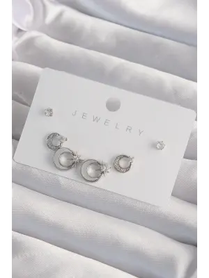  Gümüş Mineli Zirkon Taşlı Ay Yıldız Model Küpe Seti