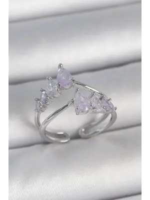 Pirinç Gümüş Renk Mor Damla Zirkon Taşlı Taç Model Kadın Yüzük