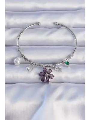 Pirinç Gümüş Renk Mor Zirkon Taşlı Çiçek Figürlü Charm Bileklik