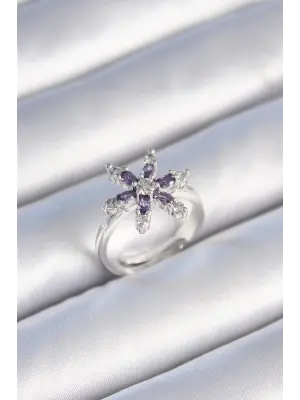  Gümüş Mor Zirkon Taşlı Çiçek Model Çelik Yüzük