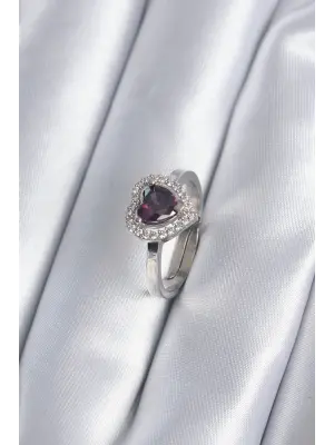  Gümüş Mor Zirkon Taşlı Kalp Charm Model Çelik Yüzük