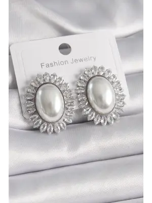  Gümüş Oval İncili Zirkon Taşlı Çelik Küpe