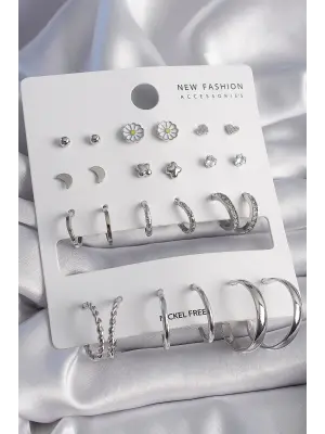  Gümüş Papatya Detaylı 12 Çift Çelik Küpe Seti