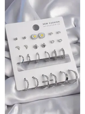  Gümüş Papatya Detaylı 12 Çiftli Çelik Küpe Seti