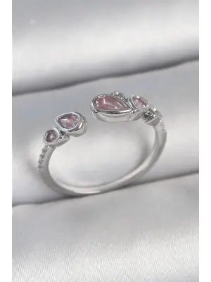 Pirinç Gümüş Renk Pembe Damla Zirkon Taşlı Ayarlanabilir Model Kadın Yüzük