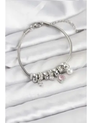 Çelik Gümüş Renk Pembe Kalp Charmlı Kadın Bileklik