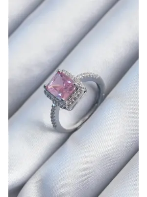  Gümüş Pembe Kare Zirkon Taşlı Çelik Yüzük