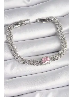 Pirinç Gümüş Renk Pembe Kare Zirkon Taşlı VIP Seri Kadın Bileklik