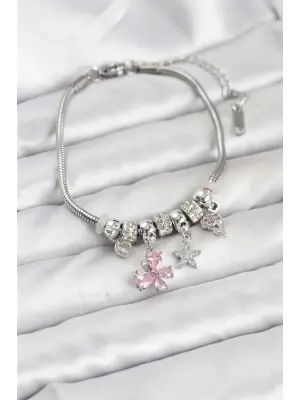 Çelik Gümüş Renk Pembe Kelebek Charmlı Kadın Bileklik