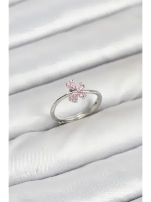 Pirinç Gümüş Renk Pembe Kelebek Kadın Yüzük