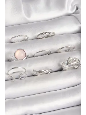 Pirinç Gümüş Renk Pembe Mineli Kemer Düğüm Figür Kadın Yüzük Kombini