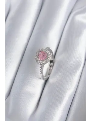 Pirinç Gümüş Renk Pembe Zirkon Taş Kalp Charm Model Kadın Yüzük