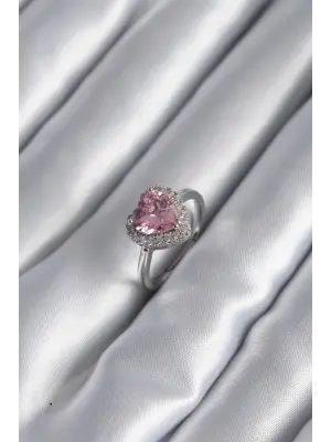  Gümüş Pembe Zirkon Taş Kalp Charm Model Çelik Yüzük