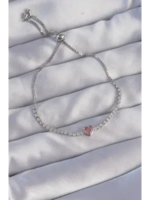 Pirinç Gümüş Renk Pembe Zirkon Taşlı Charm Model Asansörlü Bileklik