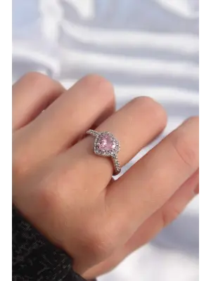 Gümüş Pembe Zirkon Taşlı Charm Model Ayarlanabilir Yüzük