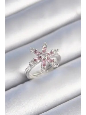  Gümüş Pembe Zirkon Taşlı Çiçek Model Çelik Yüzük
