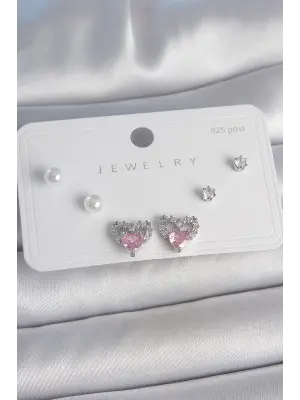 Pirinç Gümüş Renk Pembe Zirkon Taşlı Kalp Model İnci Detay 925 Ayar Gümüş Çivi Kadın Küpe Seti