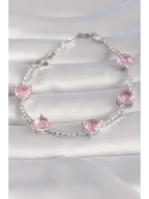 Pirinç Gümüş Renk Pembe Zirkon Taşlı Kalp Model VIP Seri Kadın Bileklik
