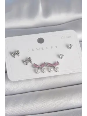 Pirinç Gümüş Renk Pembe Zirkon Taşlı Kurdele Model İnci Detay 925 Ayar Gümüş Çivi Kadın Küpe Seti