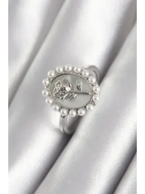  Gümüş Portre Gül Model İnci Detay Çelik Yüzük