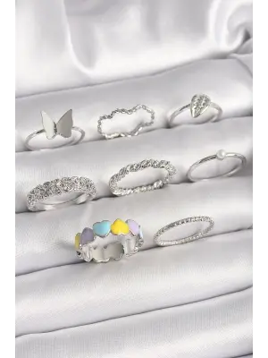 Pirinç Gümüş Renk Renkli Kalp Zirkon Taş Kelebek Detaylı Kadın Yüzük Kombini