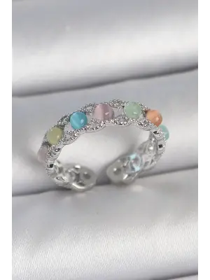 Pirinç Gümüş Renk Renkli Mineli Ayarlanabilir Kadın Yüzük