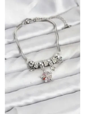 Çelik Gümüş Renk Renkli Yıldız Charmlı Kadın Bileklik