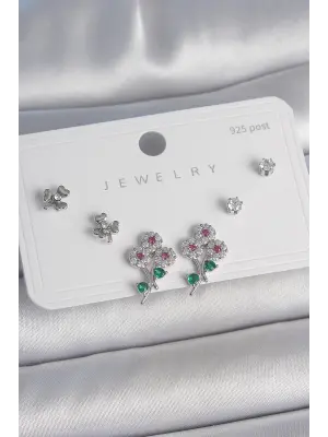 Pirinç Gümüş Renk Renkli Zirkon Taşlı Çiçek Model Yaprak Detay 925 Ayar Gümüş Çivi Kadın Küpe Seti