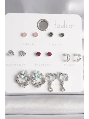  Gümüş Renkli Zirkon Taşlı Daire Çiçek Figür Sallantı Kalp Detay 7 Çift Çelik Küpe Seti