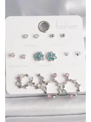  Gümüş Renkli Zirkon Taşlı Halka Figür Mavi Taşlı Çiçek Figür İnci Detay 7 Çift Çelik Küpe