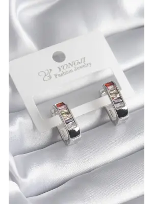  Gümüş Renkli Zirkon Taşlı Çelik Küpe