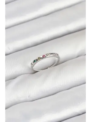 Pirinç Gümüş Renk Renkli Zirkon Taşlı Kadın Yüzük