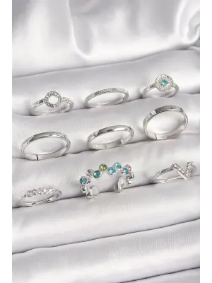 Pirinç Gümüş Renk Renkli Zirkon Taşlı Kadın Yüzük Kombini