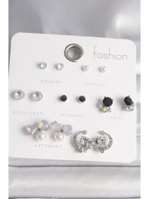  Gümüş Renkli Zirkon Taşlı Kurdela Model Hilal Figür 7 Çift Çelik Küpe Seti