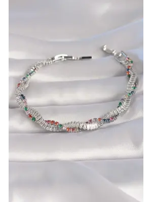 Pirinç Gümüş Renk Renkli Zirkon Taşlı Sarmal Model Kadın Bileklik