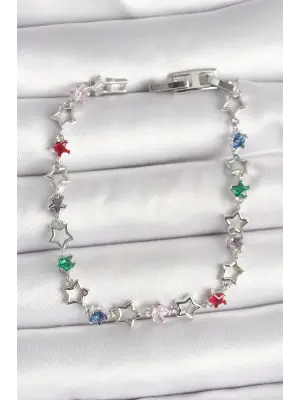 Pirinç Gümüş Renk Renkli Zirkon Taşlı Yıldız Model Kadın Bileklik