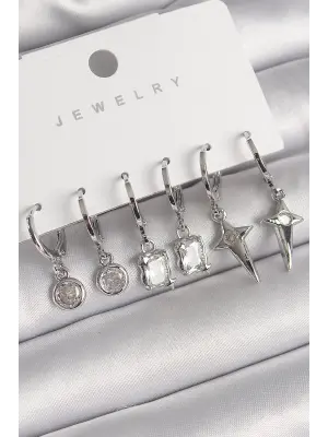  Gümüş Sallantı Kare Zirkon Taşlı Yıldız Model Çelik Küpe Seti