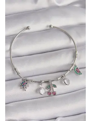 Pirinç Gümüş Renk Sallantı Kiraz Figür Ağaç Detay Charm Bileklik