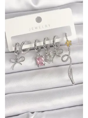Pirinç Gümüş Renk Sallantı Kurdele Kuyruklu Yıldız Figür Pembe Kare Zirkon Taş Detay Kadın Küpe Seti