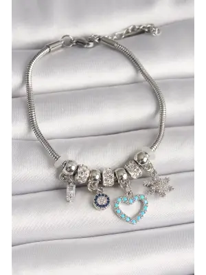 Pirinç Gümüş Renk Sallantı Mavi Taşlı Kalp Figür Zirkon Taşlı Kar Tanesi Detay Charm Kadın Bileklik
