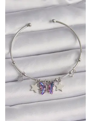 Pirinç Gümüş Renk Sallantı Mor Zirkon Taşlı Kelebek Figür Yıldız Detay Charm Bileklik