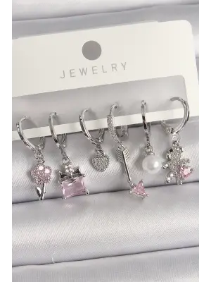  Gümüş Sallantı Pembe Zirkon Taşlı Çoklu Figür Çelik Küpe Seti