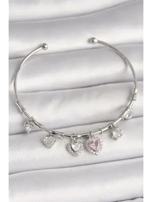 Pirinç Gümüş Renk Sallantı Pembe Zirkon Taşlı Kalp Model Charm Kadın Bileklik